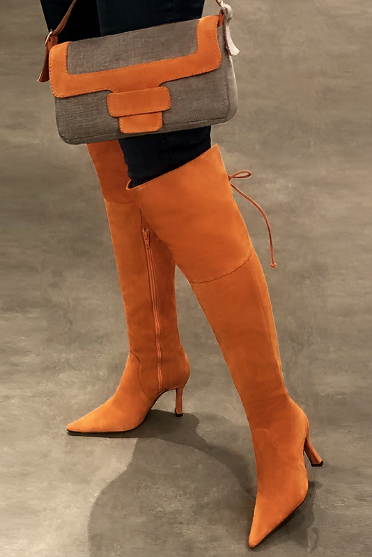 Apricot orange women's leather thigh-high boots. Pointed toe. Very high spool heels. Made to measure. Worn view - Florence KOOIJMAN